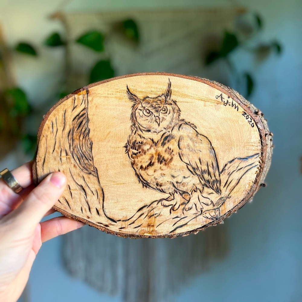 Hand-Burned Owl Wood Art Pyrography Rustic Cottagecore, Woodland, Nature Decor